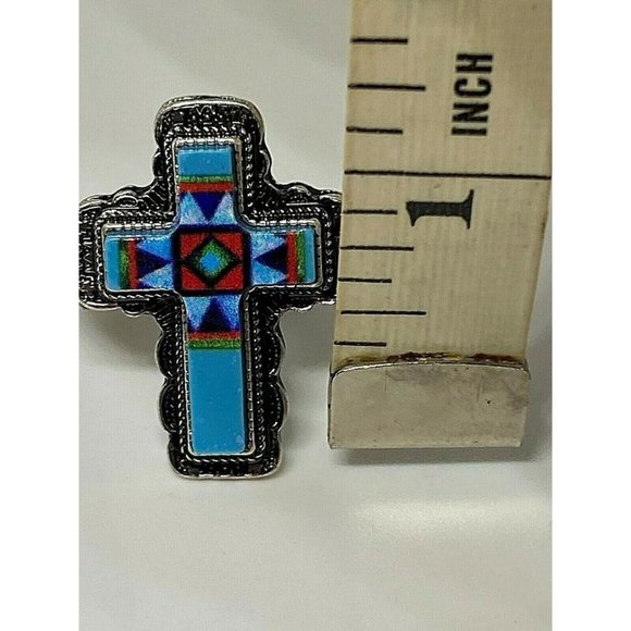 Southwest Cross Silver Turquoise Red Black Stretch - Picture 7 of 7